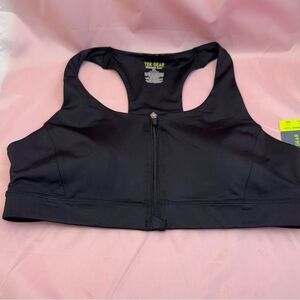 Tek Gear Black Zip Front Sports Bra Racerback Wireless Padded Sz XL
